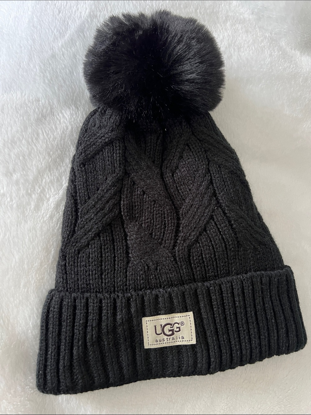 UGG Kids Black Cable-Knit Beanie with Faux-Fur Pom
